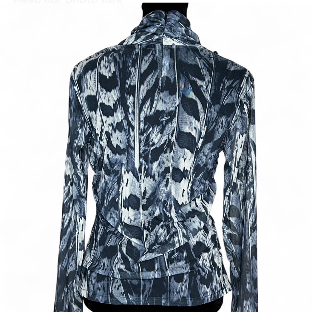 ALLSAINTS Blue Mesh Top 6, Long Sleeve High Neck W/Cross Design And Ruffle Sides - Picture 5 of 9
